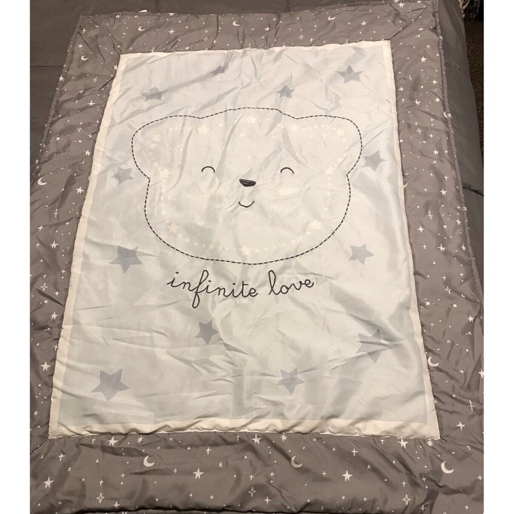 Teddy Bear Moon Stars Infinite Love Baby Blanket Blue & Gray 42x32” Crib Quilt